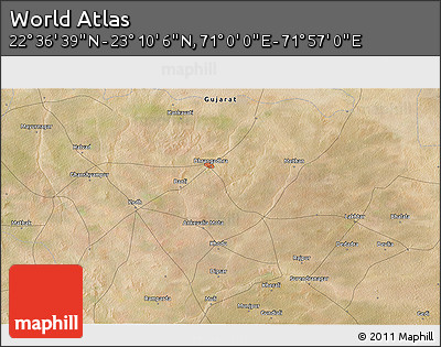 Satellite 3D Map of the Area around 22° 53' 22" N, 71° 28' 29" E