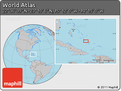 Gray Location Map of the Area around 22° 53' 22" N, 74° 43' 29" W