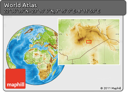 Physical Location Map of the Area around 22° 53' 22" N, 7° 43' 29" E