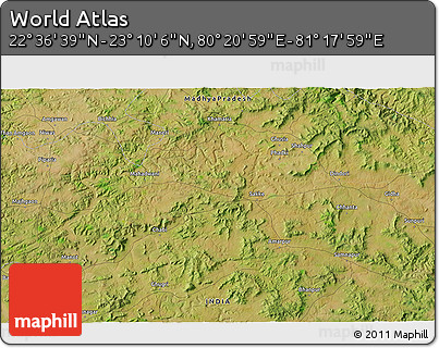 Satellite 3D Map of the Area around 22° 53' 22" N, 80° 49' 29" E
