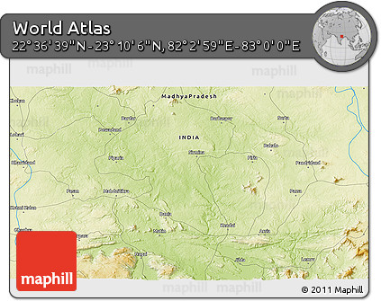 Physical 3D Map of the Area around 22° 53' 22" N, 82° 31' 30" E