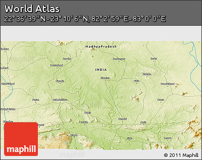 Physical 3D Map of the Area around 22° 53' 22" N, 82° 31' 30" E