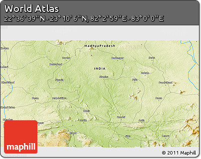 Physical 3D Map of the Area around 22° 53' 22" N, 82° 31' 30" E
