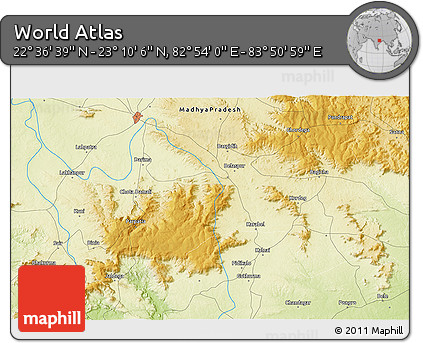 Physical 3D Map of the Area around 22° 53' 22" N, 83° 22' 30" E