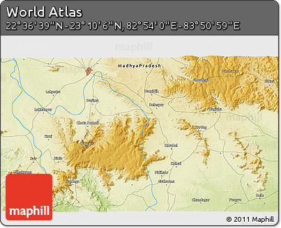 Physical 3D Map of the Area around 22° 53' 22" N, 83° 22' 30" E
