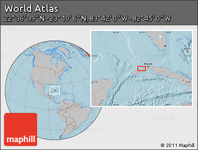Gray Location Map of the Area around 22° 53' 22" N, 83° 13' 29" W, hill shading