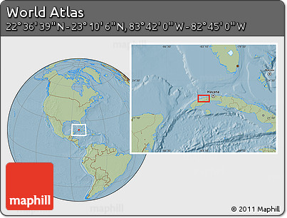 Savanna Style Location Map of the Area around 22° 53' 22" N, 83° 13' 29" W, hill shading