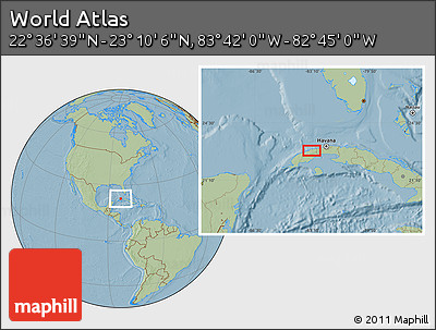 Savanna Style Location Map of the Area around 22° 53' 22" N, 83° 13' 29" W, hill shading