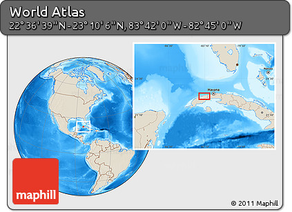 Shaded Relief Location Map of the Area around 22° 53' 22" N, 83° 13' 29" W
