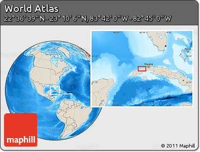 Shaded Relief Location Map of the Area around 22° 53' 22" N, 83° 13' 29" W