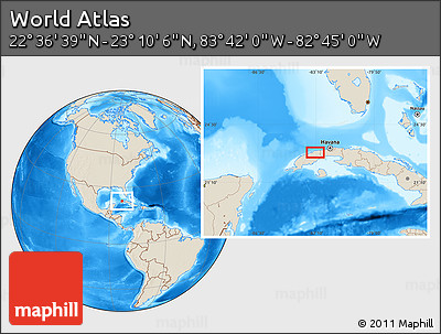 Shaded Relief Location Map of the Area around 22° 53' 22" N, 83° 13' 29" W