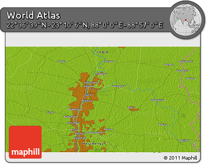 Physical 3D Map of the Area around 22° 53' 22" N, 88° 28' 29" E