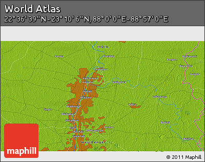 Physical 3D Map of the Area around 22° 53' 22" N, 88° 28' 29" E