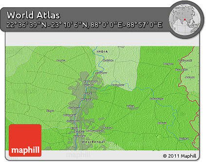 Political 3D Map of the Area around 22° 53' 22" N, 88° 28' 29" E