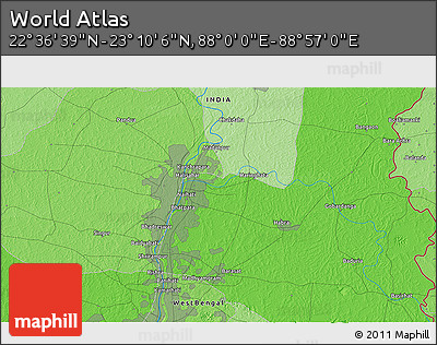 Political 3D Map of the Area around 22° 53' 22" N, 88° 28' 29" E