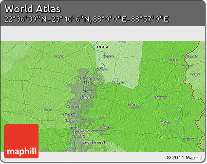 Political 3D Map of the Area around 22° 53' 22" N, 88° 28' 29" E