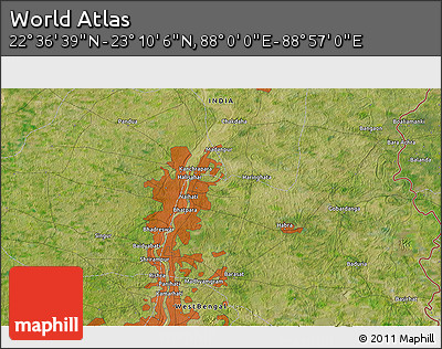 Satellite 3D Map of the Area around 22° 53' 22" N, 88° 28' 29" E