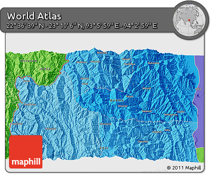 Political 3D Map of the Area around 22° 53' 22" N, 93° 34' 29" E