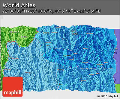 Political 3D Map of the Area around 22° 53' 22" N, 93° 34' 29" E