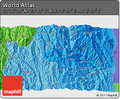 Political 3D Map of the Area around 22° 53' 22" N, 93° 34' 29" E