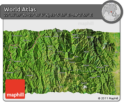 Satellite 3D Map of the Area around 22° 53' 22" N, 93° 34' 29" E