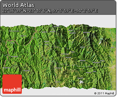 Satellite 3D Map of the Area around 22° 53' 22" N, 93° 34' 29" E