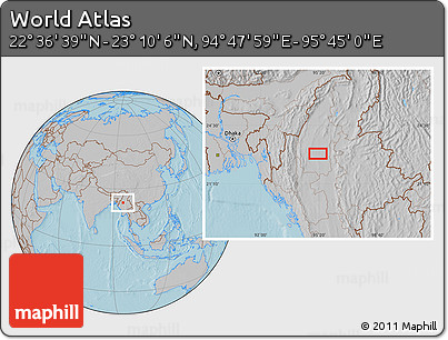 Gray Location Map of the Area around 22° 53' 22" N, 95° 16' 30" E, hill shading