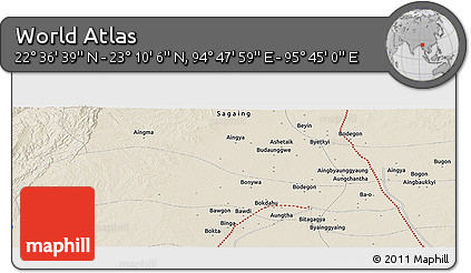 Shaded Relief Panoramic Map of the Area around 22° 53' 22" N, 95° 16' 30" E