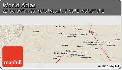 Shaded Relief Panoramic Map of the Area around 22° 53' 22" N, 95° 16' 30" E