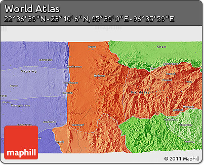 Political 3D Map of the Area around 22° 53' 22" N, 96° 7' 30" E