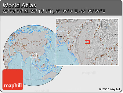 Gray Location Map of the Area around 22° 53' 22" N, 96° 7' 30" E, hill shading