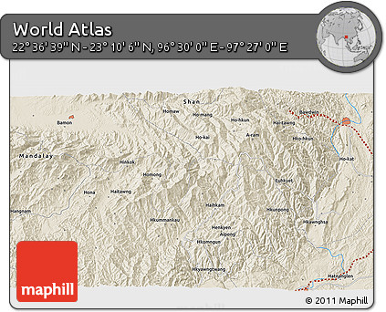 Shaded Relief 3D Map of the Area around 22° 53' 22" N, 96° 58' 29" E