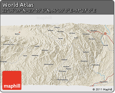 Shaded Relief 3D Map of the Area around 22° 53' 22" N, 96° 58' 29" E