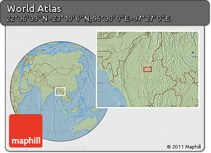 Savanna Style Location Map of the Area around 22° 53' 22" N, 96° 58' 29" E, hill shading