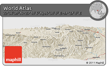 Shaded Relief Panoramic Map of the Area around 22° 53' 22" N, 96° 58' 29" E