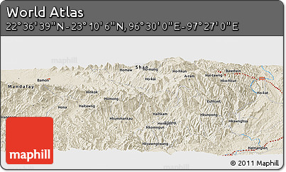 Shaded Relief Panoramic Map of the Area around 22° 53' 22" N, 96° 58' 29" E
