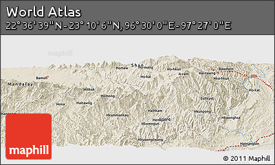 Shaded Relief Panoramic Map of the Area around 22° 53' 22" N, 96° 58' 29" E