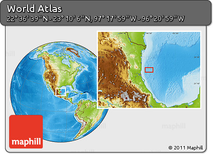 Physical Location Map of the Area around 22° 53' 22" N, 96° 49' 29" W