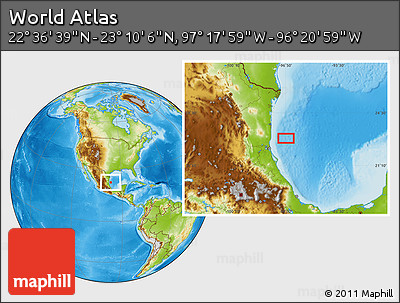 Physical Location Map of the Area around 22° 53' 22" N, 96° 49' 29" W