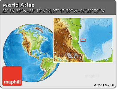 Physical Location Map of the Area around 22° 53' 22" N, 96° 49' 29" W