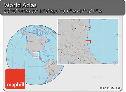 Gray Location Map of the Area around 22° 53' 22" N, 97° 40' 30" W
