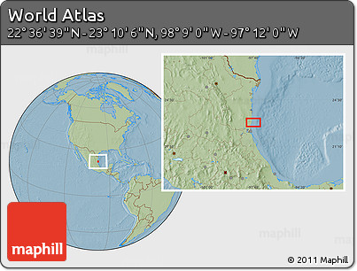 Savanna Style Location Map of the Area around 22° 53' 22" N, 97° 40' 30" W, hill shading