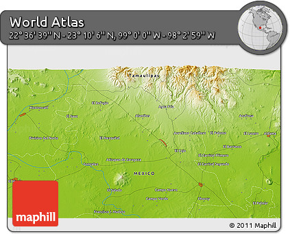 Physical 3D Map of the Area around 22° 53' 22" N, 98° 31' 30" W