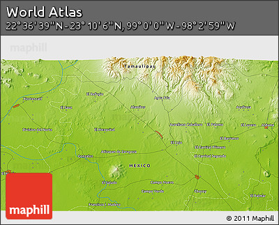 Physical 3D Map of the Area around 22° 53' 22" N, 98° 31' 30" W