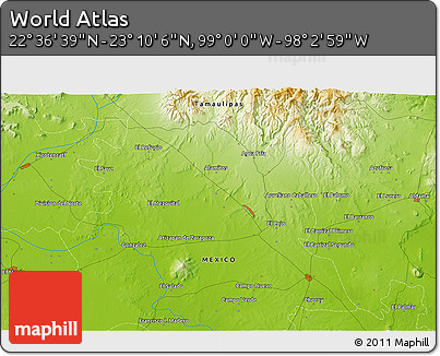 Physical 3D Map of the Area around 22° 53' 22" N, 98° 31' 30" W
