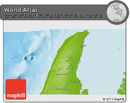 Physical 3D Map of the Area around 22° 3' 23" S, 113° 58' 29" E
