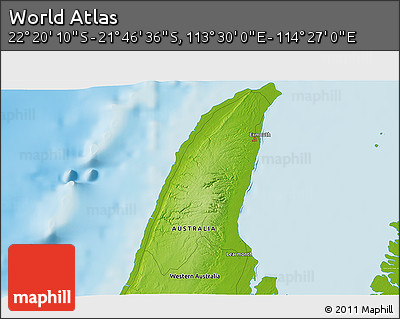 Physical 3D Map of the Area around 22° 3' 23" S, 113° 58' 29" E