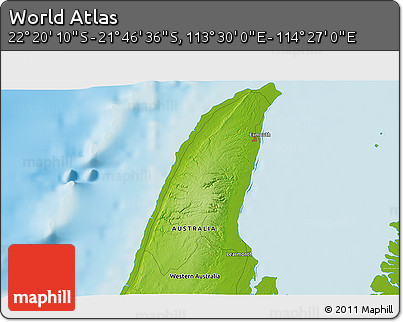 Physical 3D Map of the Area around 22° 3' 23" S, 113° 58' 29" E