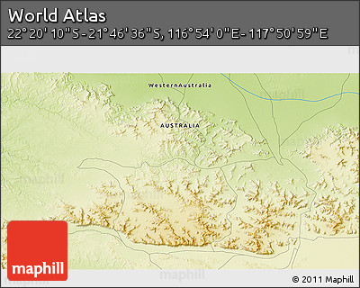 Physical 3D Map of the Area around 22° 3' 23" S, 117° 22' 30" E