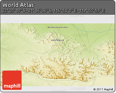 Physical 3D Map of the Area around 22° 3' 23" S, 117° 22' 30" E